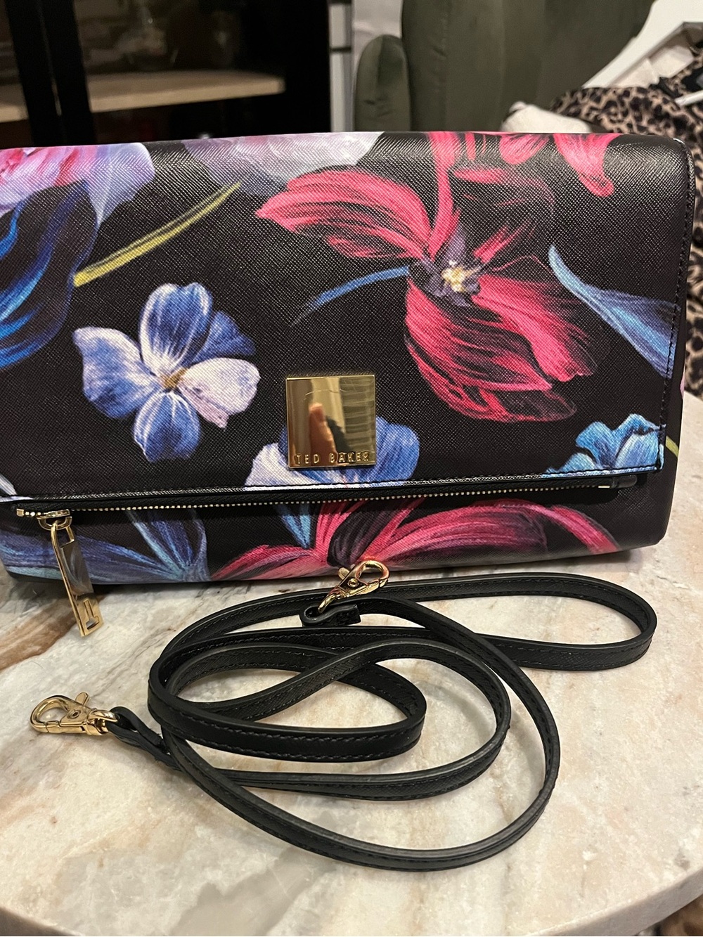 Ted Baker London Black Floral Fold over Clutch Crossbody